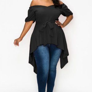 Gorgeous off the shoulder asymmetric hem top